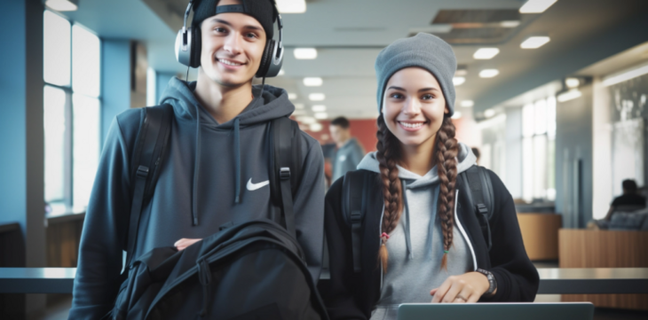 To ungdommer med PC og headset som ser rett i kamera